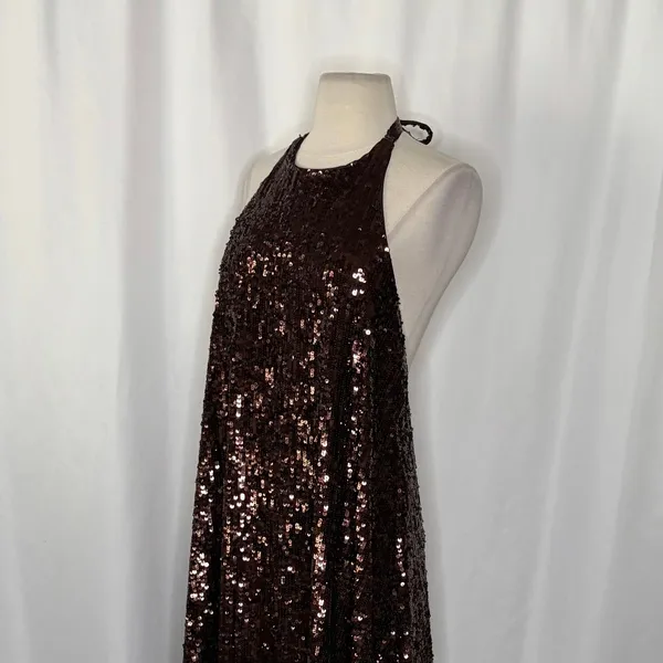ZARA Chocolate Brown Sequin Halter Maxi Dress‎ Festive Party Sequinned Small - Image 8