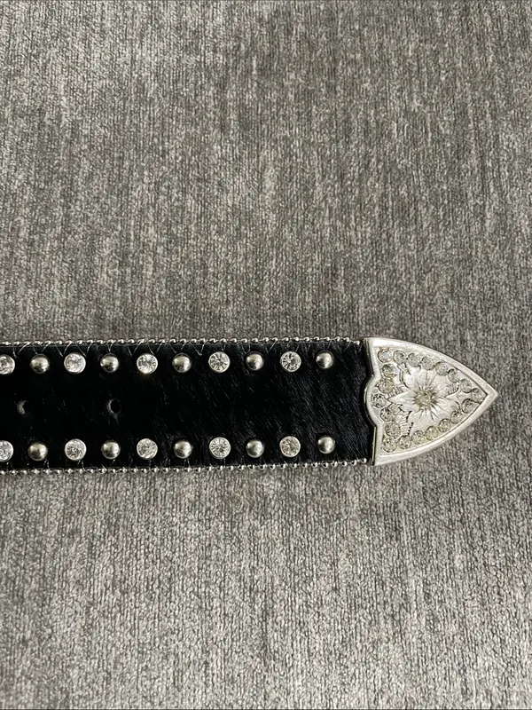 Western Leather Black Calf Hair Studded Rhinestone Embellished Statement Belt - Image 6