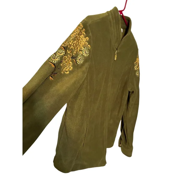 Bob Mackie Wearable Art Olive Embroidered Fleece Jacket Women's Medium Zip - Image 8
