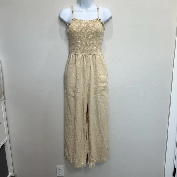 Universal Thread Women's XS Smocked Linen Maxi Jumpsuit Beige‎ Boho Lagenlook - Image 5
