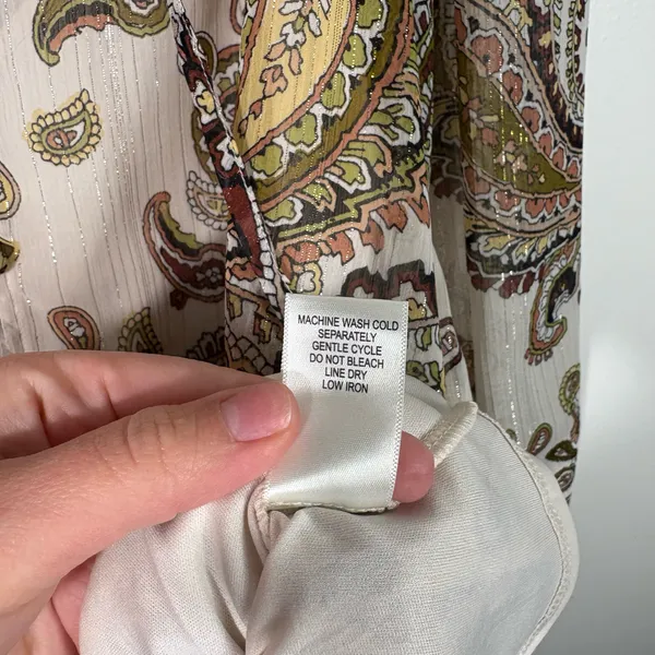 Floral & Ivy Brown Paisley Pattern Metallic Peasant Long Sleeve Chiffon Blouse M - Image 5
