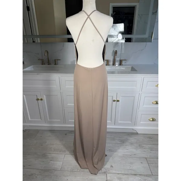 Maxi Dress Womens M Taupe Deep V-Neck Double Slit Open Back Gown - Image 5