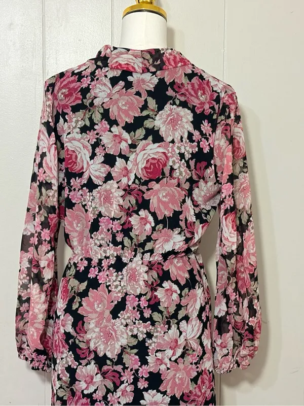 Bardot Floral Wrap Maxi Dress Ruffle Side Slit Black Pink Size M - Image 7