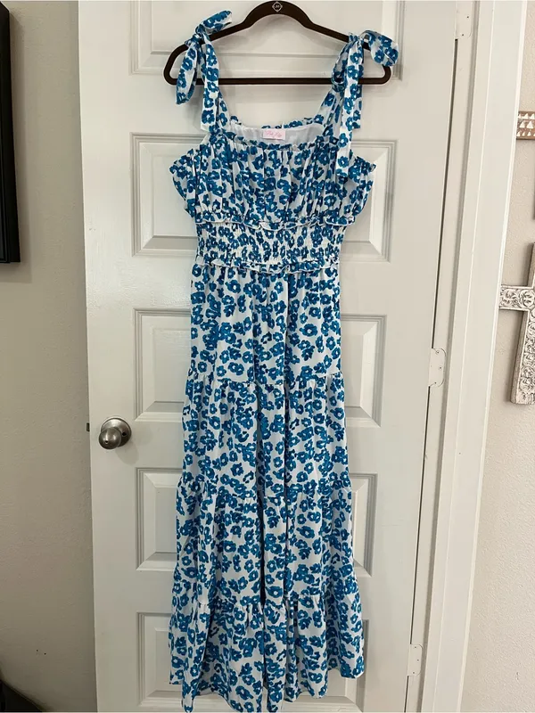 Pink Lily Blue White Floral Tie-Shoulder Maxi Dress New Sz L - Image 5