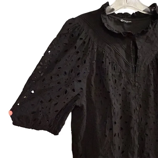 PrettyGarden‎ Women's Black Embroidered Blouse L Long Puff Sleeve - Image 4