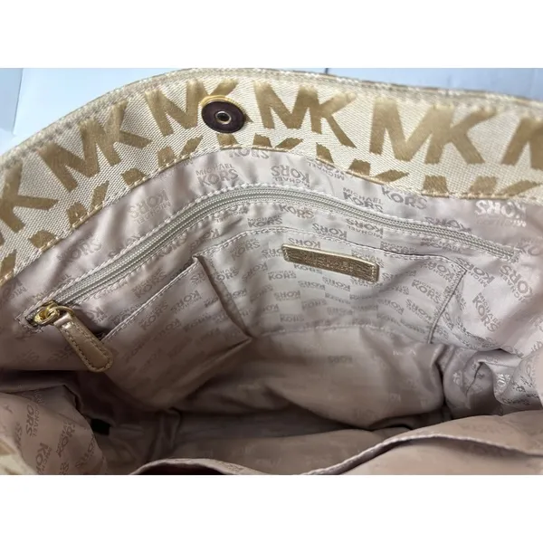Michael Kors Double‎ Strap Jet Set Monogram Tan Chain Tote Handbag - Image 5