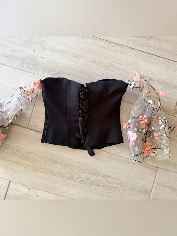 Strapless Black Puff Floral Bustier Top Size M - Image 5