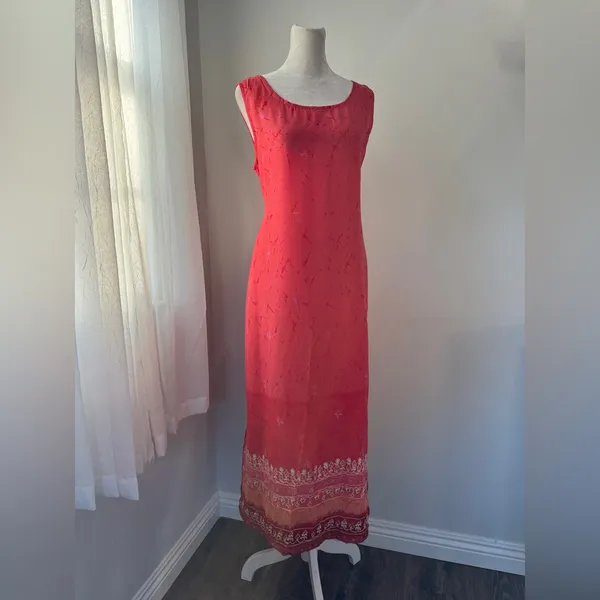 Vintage ‘90s Jane Ashley Coral Embroidered Hem Scoop Neck Sleeveless Maxi Dress - Image 5