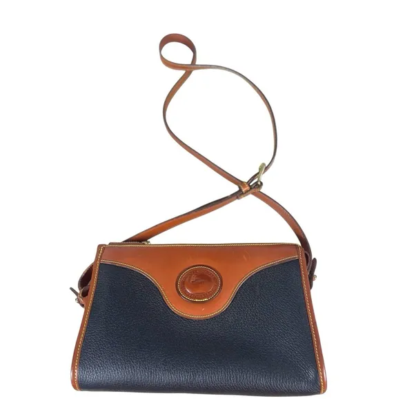Vintage Dooney & Bourke AWL Navy Brown Leather Crossbody Bag Cavalry Logo USA - Image 2