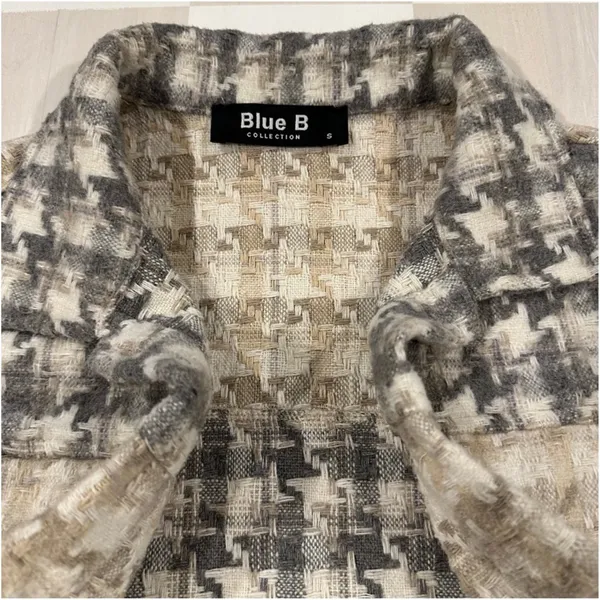 blue b collection houndstooth button up cropped colorblock tan grey shacket - Image 3