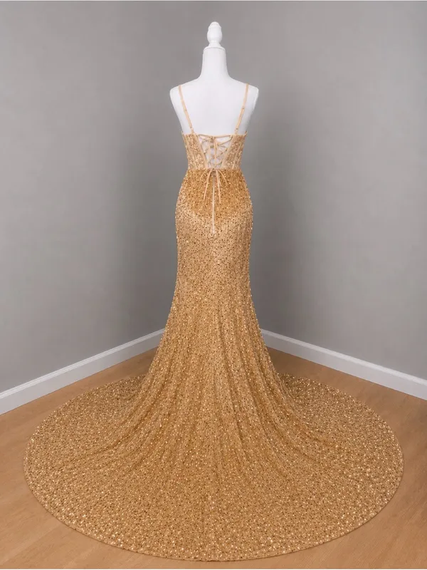 #15-14 Gold Velvet Bustier sequins embroidered appliqué long dress-Small/Size 4 - Image 5