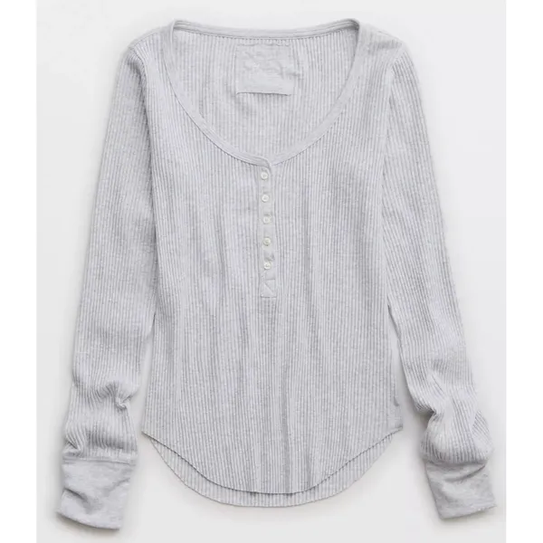 Aerie‎ Womens Gray Ribbed Henley Long Sleeve Casual Loungewear Layering Top XXL - Image 2