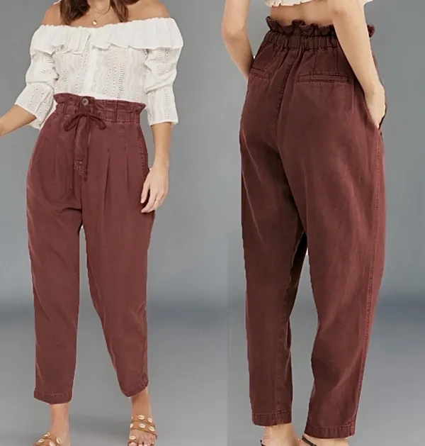 Free People NWOT Margate Pleated Paperbag Waist Burgundy Drawstring Pants, XS - Image 8