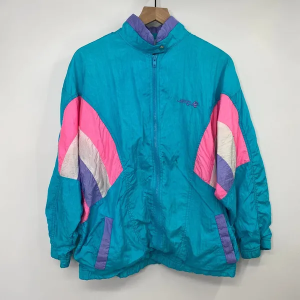 Vintage 80s Adolfo Windbreaker Colorblock Blue Pink White Full Zip Jacket Medium - Image 2
