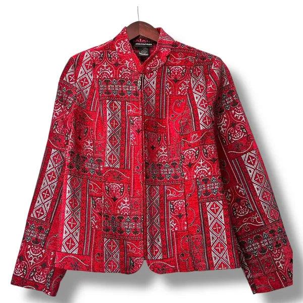 Molly & Maxx Red‎ Tapestry Jacket M Boho Festival Zip Up Ethnic Print Blazer - Image 2