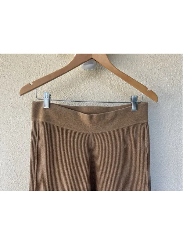 FRAME Camel Ribbed Knit Flare Wide Leg Pants L High Waist Pull On Lounge Stretch - Image 3