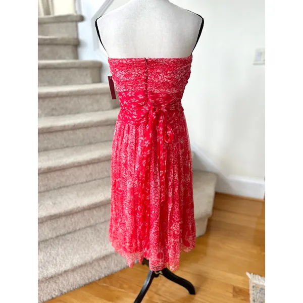 NWT WDNY Silk Hot Pink Ruched Floral Strapless Sequin Midi Tea Dress - Image 3