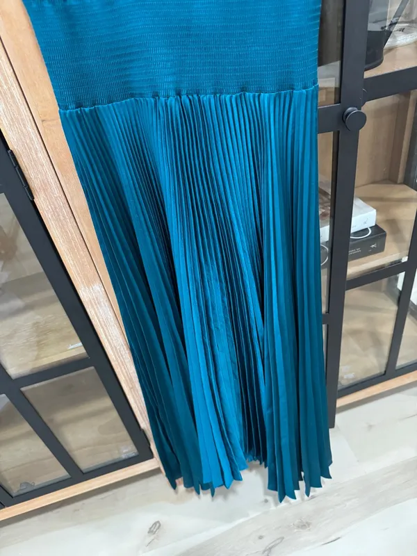ALC Frank Renzo maxi dress Sleeveless Smocked Pleated teal satin high neck wedding - Image 10