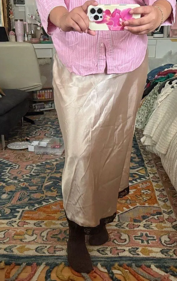 Silk satin creme brown skirt with black lace detail lace maxi skirt summer spring trending Tan Size L - Image 2