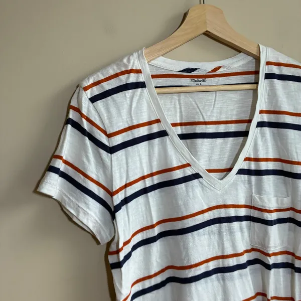 Madewell orange white striped v-neck t-shirt women's size large 100% cotton - Image 2