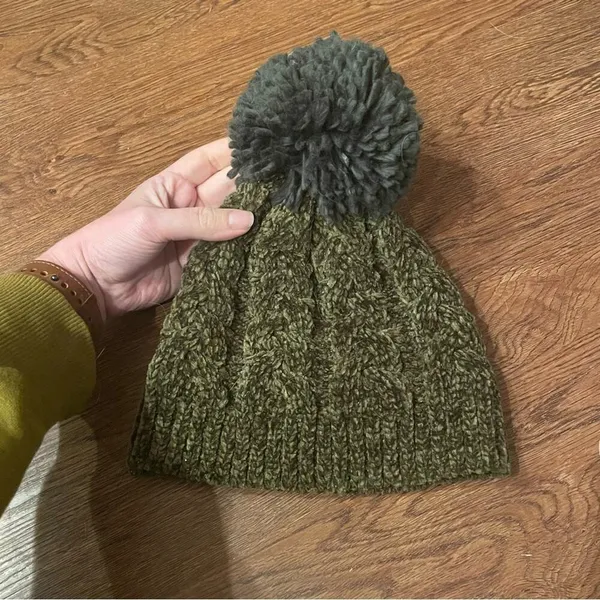 WORLD MARKET Cozy Chenille Olive Green Beanie with Pom Pom - Image 2