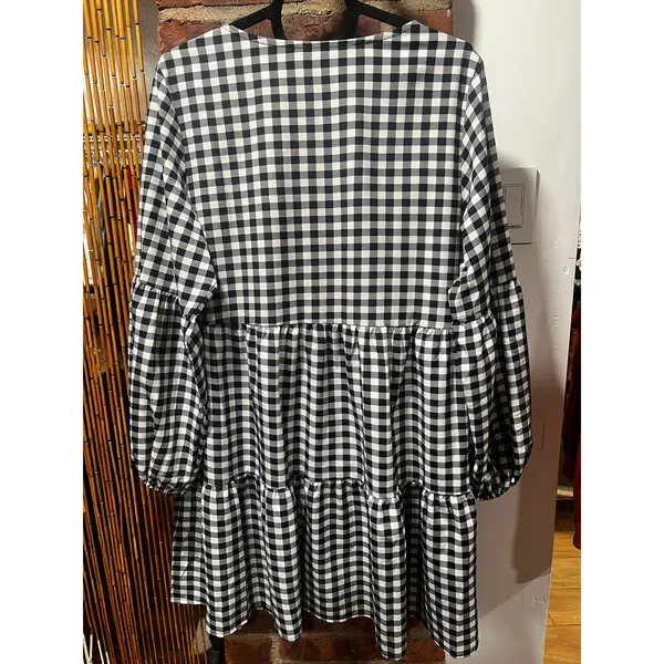 Black White Gingham Babydoll Dress Tiered Cottagecore Large - Image 4