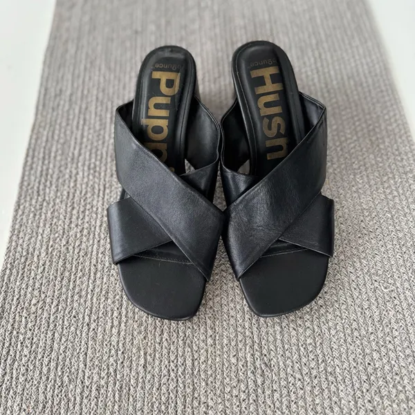 Hush Puppies Ella Black Leather Sculptural High Heel Slides Sandals Sz 9 41 - Image 4