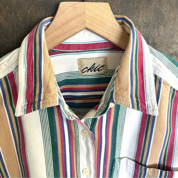 Chic Jeans Vintage 90s WOMENS Size L Western Jewel Tone Stripe Button Up Collar Indie Chic - Image 2