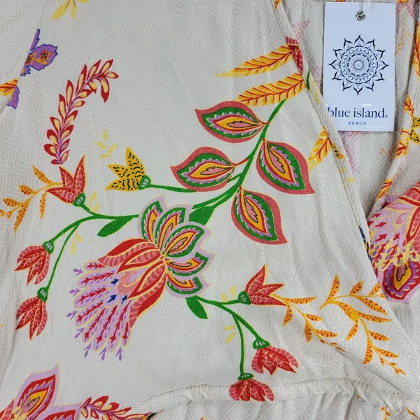 Blue Island Beach Wrap Dress M Cream‎ Red Floral Ruffle Hem Tie Waist New - Image 11