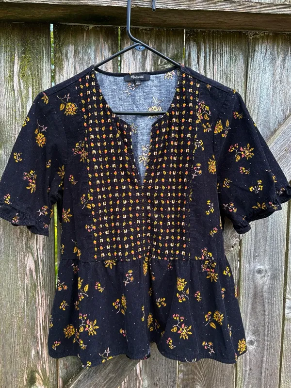 EUC Madewell Acorn Foulard Corduroy Top Black Floral Size Medium - Image 4