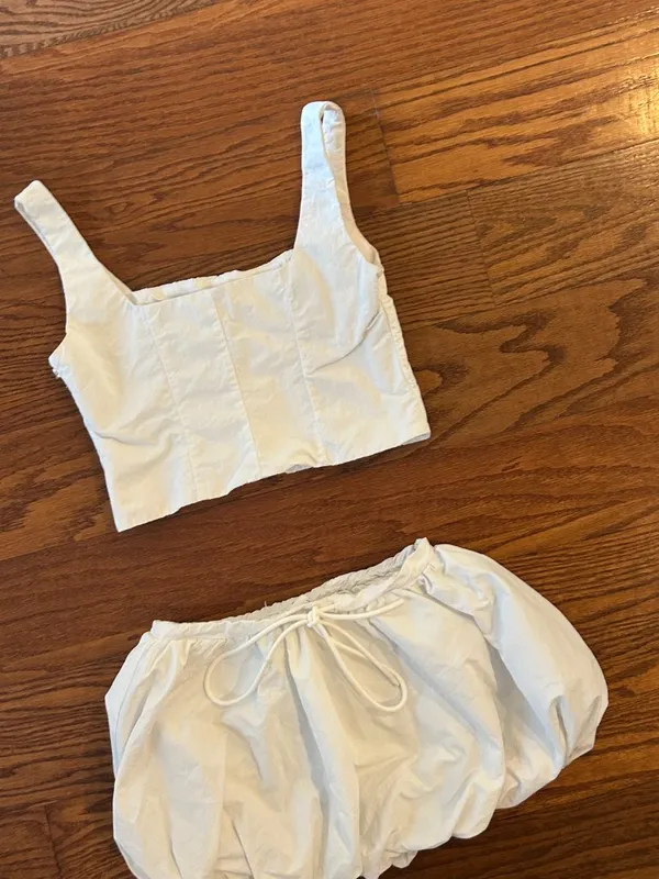 MISSGUIDED White Corset Tank Top Bubble Hem Mini Skirt Matching Set Size XS - Image 4