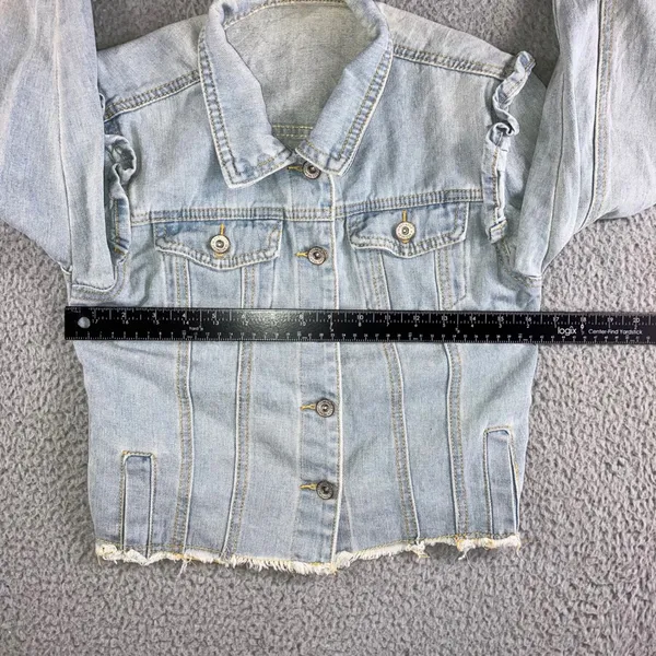 Ruffle Shoulder Denim Jacket Women S Light Wash‎ Raw Hem Cropped Western Spring - Image 5