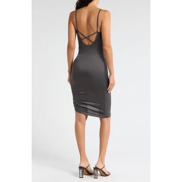 New Free People Intimately Sz L Gray Adiustable Ruched Satin Slip Midi Dress - Image 2