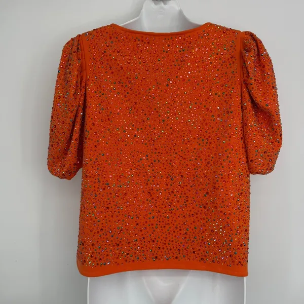 Queen of Sparkles Top XS Orange Rhinestone Puff Sleeve Square Neck Party‎ Bling - Image 6