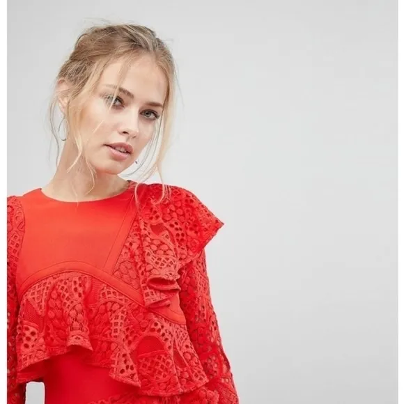 Revolve Aijek Mae Ruffled Lace Mini Dress‎ in Rouge NWT - Image 4