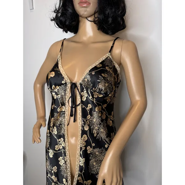 Victoria’s Secret Black Gold Floral Satin Open-Front lace trimTop Slip dress Sp - Image 8