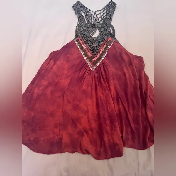 Free People Red and Brown Boho Crochet Detail Top - Image 4