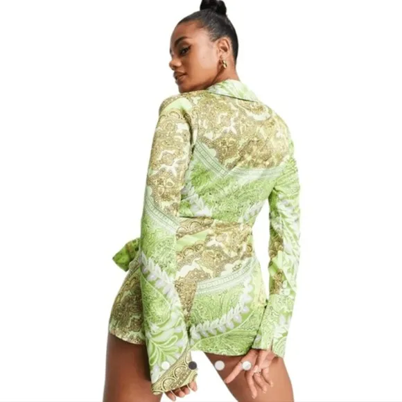 ASOS DESIGN -1014 heavy‎ satin wrap knot front romper green paisley size 4 - Image 6