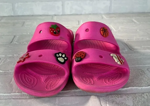 Crocs Classic Sandals Womens 7 Men 5 Pink Charms Two Double Strap Bright Comfort - Image 7