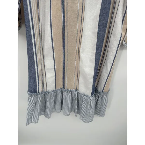 Mystree Womens Dress Khaki Blue Striped Boho Cottagecore Cotton Peasant Size S‎ - Image 3