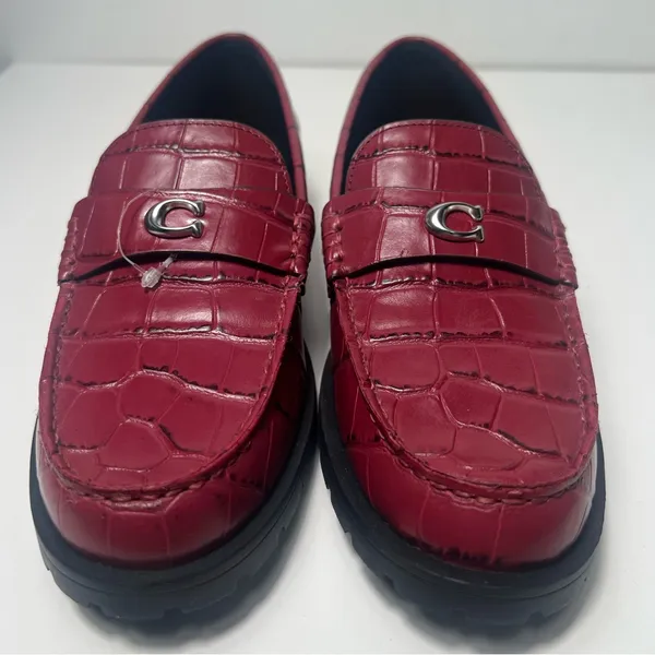 Coach Jocelyn Croc Embossed Dark Ruby Red Leather Slip On Penny Loafers Flats - Image 8