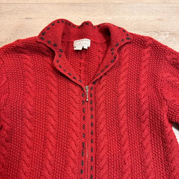 Nomadic Traders Wool Cable Knit Cardigan Sweater‎ Full Zip Pockets Red Medium M - Image 7