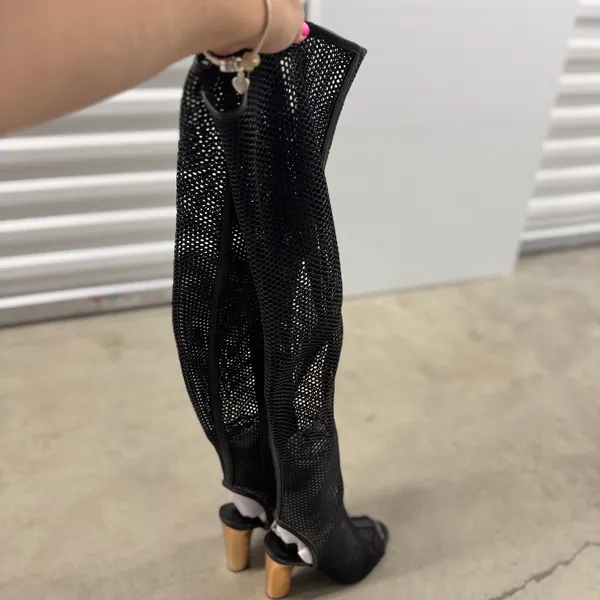 Bamboo Black Mesh Over The Knee Boots Open Toe Gold Block Heel Womens 7 - Image 3