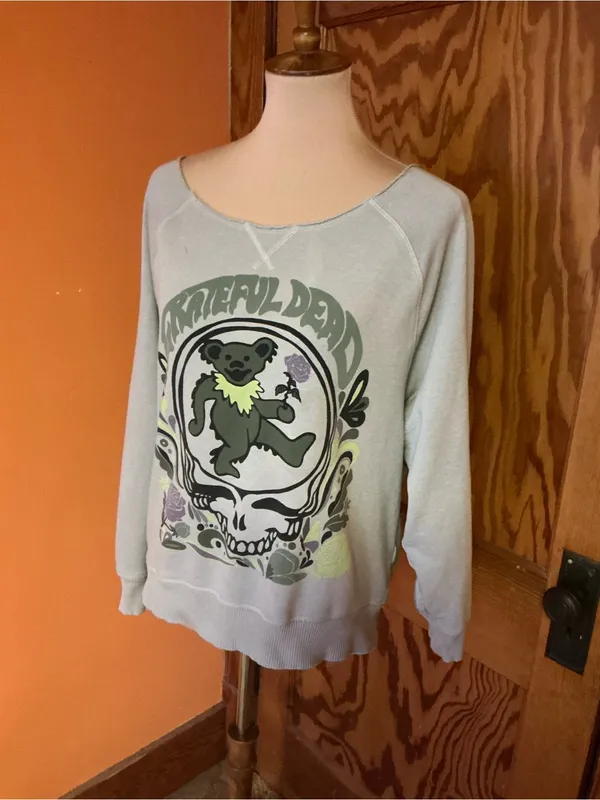 American Eagle Grateful Dead Bear Skull Sweatshirt XS Gray Lived-In Raw Edge - Image 9