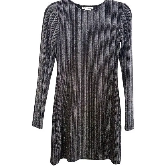 Reformation Mini Dress Metallic / Black Long Sleeve Ribbed Small‎ NEW - Image 3