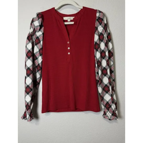 LOFT Women’s Ribbed Henley Red Plaid Mixed Media‎ Puff Shirred Ruffle Sleeves S - Image 12