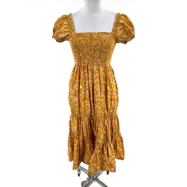 O.P.T‎ Daphne Square Neck Smocked Maxi Dress M Mustard Paisley Sz XS - Image 2