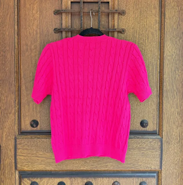 Lauren Ralph Lauren Fuchsia Cable-Knit Short Sleeve Crewneck Sweater Size S - Image 4