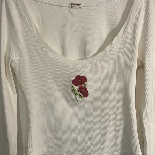 Free People Cream Long Sleeve with Red Floral Accent - Image 3