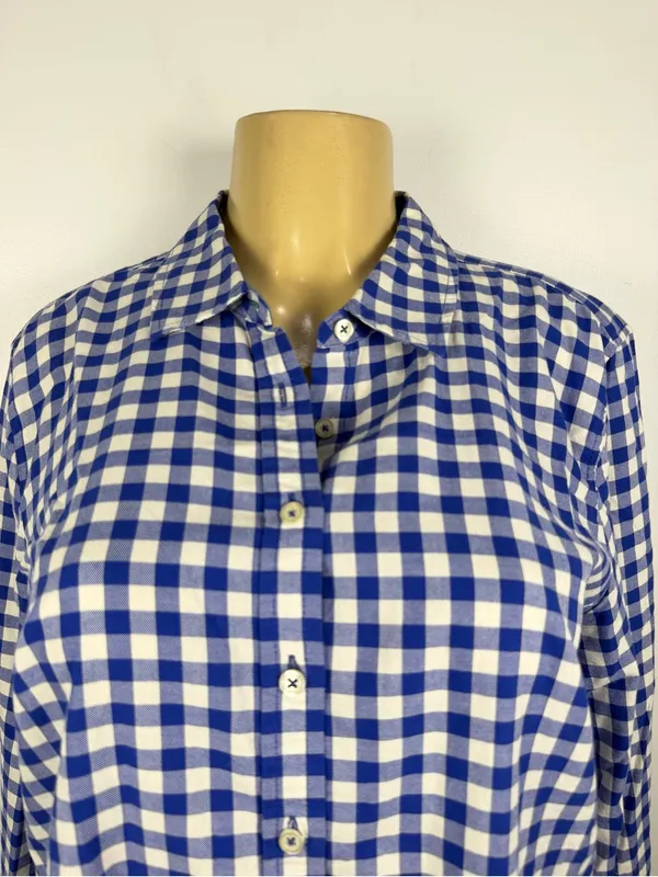Talbots Gingham Plaid Shirt Sz L Button Front Blouse Top Blue Cotton Long Sleeve - Image 2